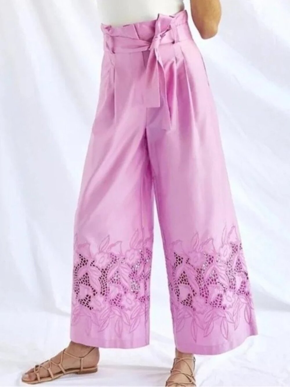 Anthropologie Exquise Pink Pleated Eyelet Wide Leg Pants Size M